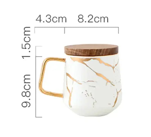 Marble Coffee Mug with Gold Accents and Wooden Coaster