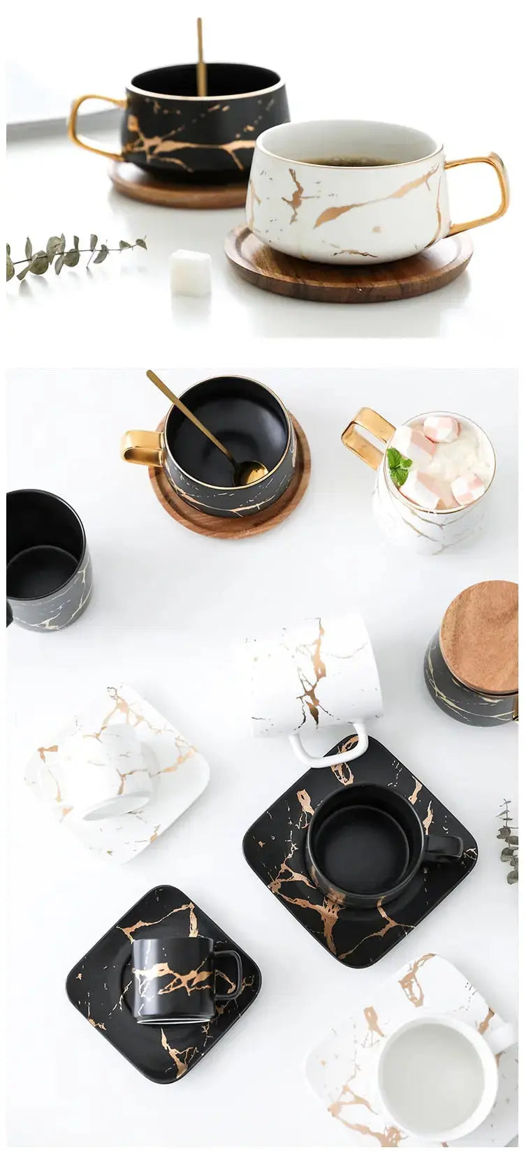 Marble Coffee Mug with Gold Accents and Wooden Coaster
