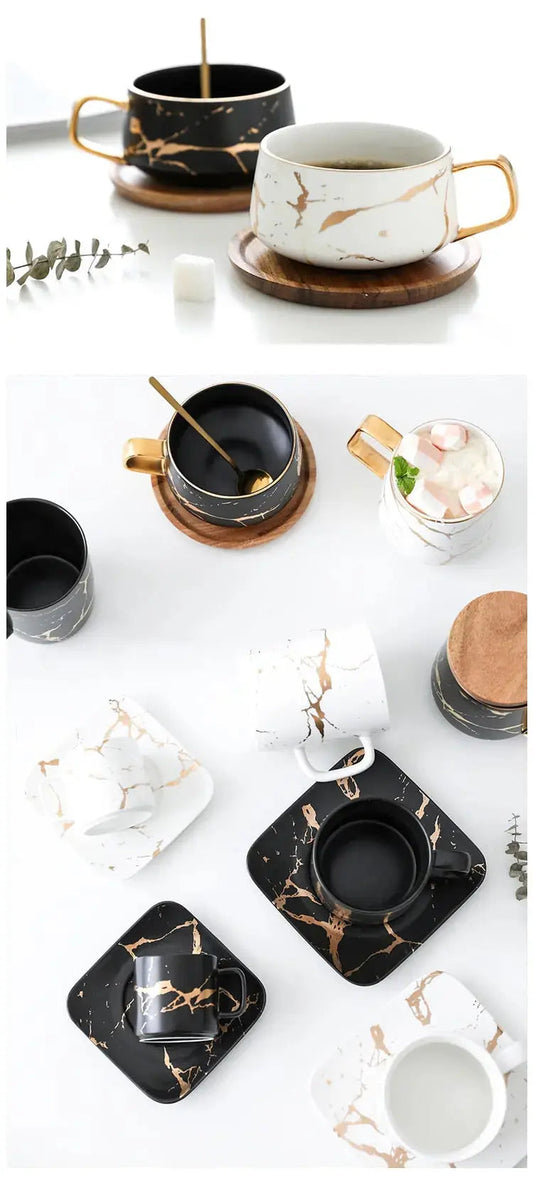 Marble Coffee Mug with Gold Accents and Wooden Coaster