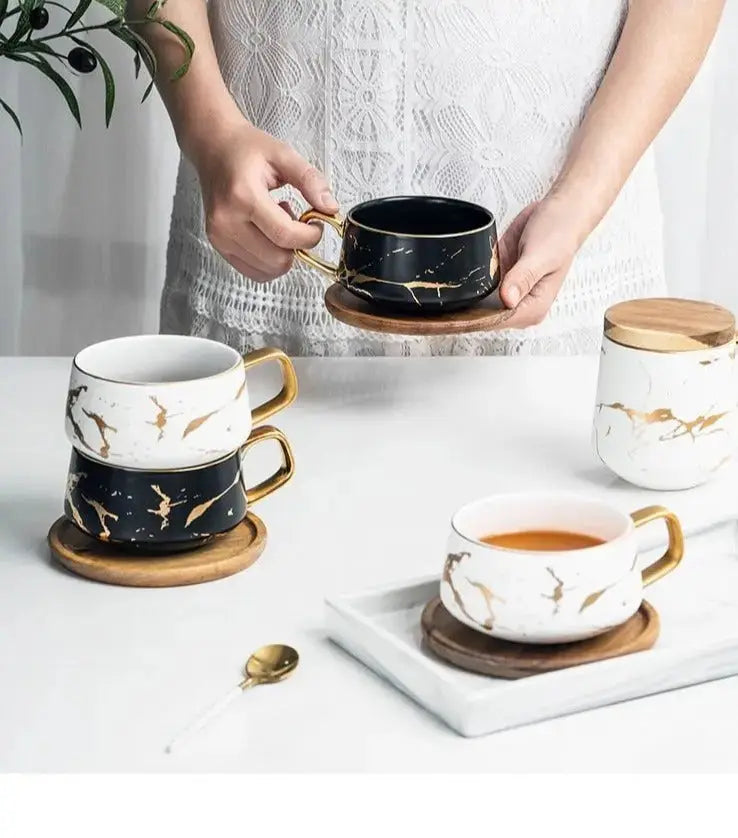 Marble Coffee Mug with Gold Accents and Wooden Coaster