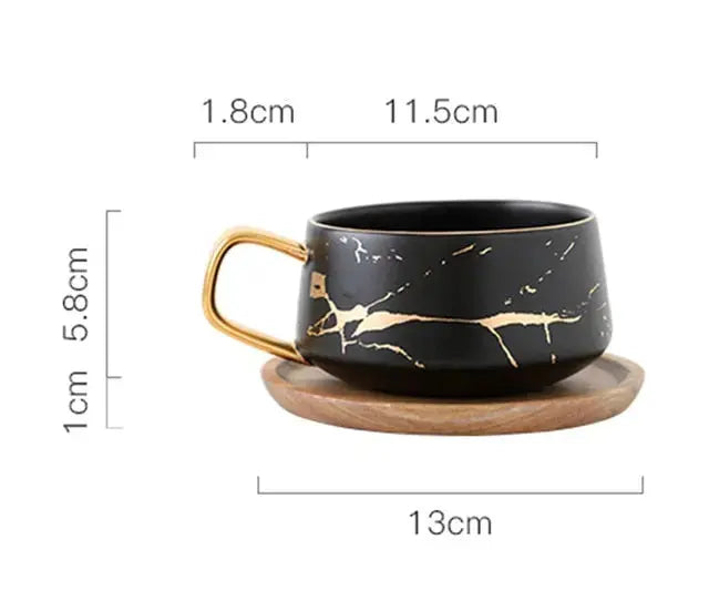 Marble Coffee Mug with Gold Accents and Wooden Coaster