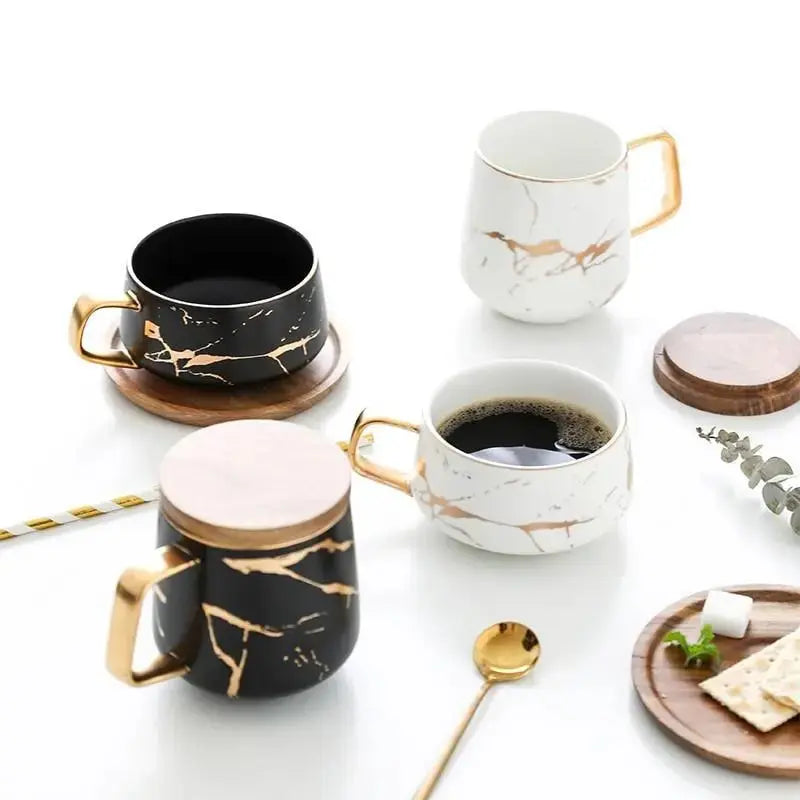 Marble Coffee Mug with Gold Accents and Wooden Coaster