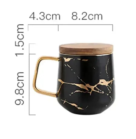 Marble Coffee Mug with Gold Accents and Wooden Coaster