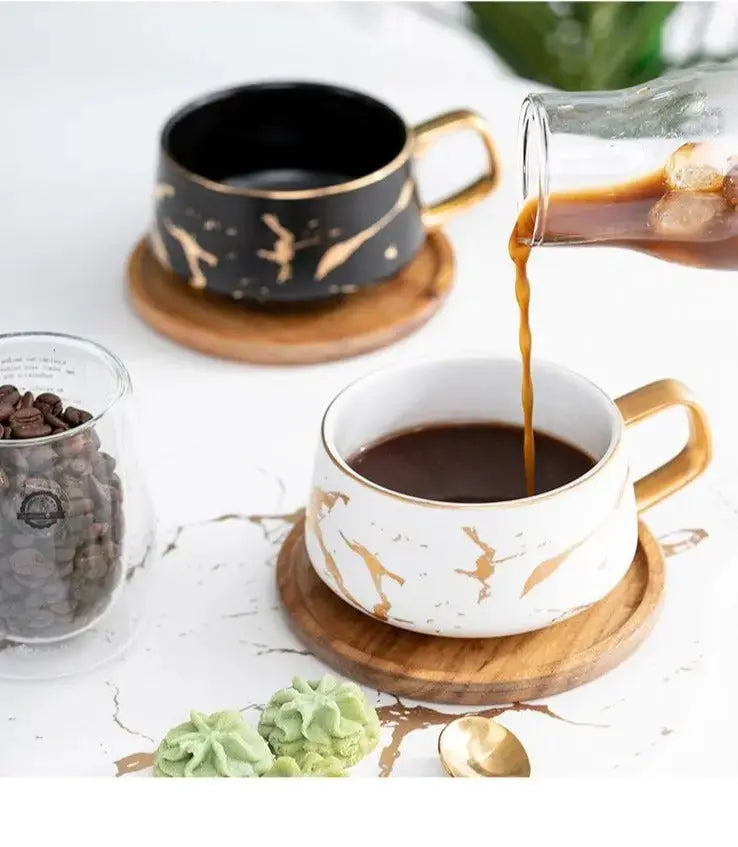 Marble Coffee Mug with Gold Accents and Wooden Coaster