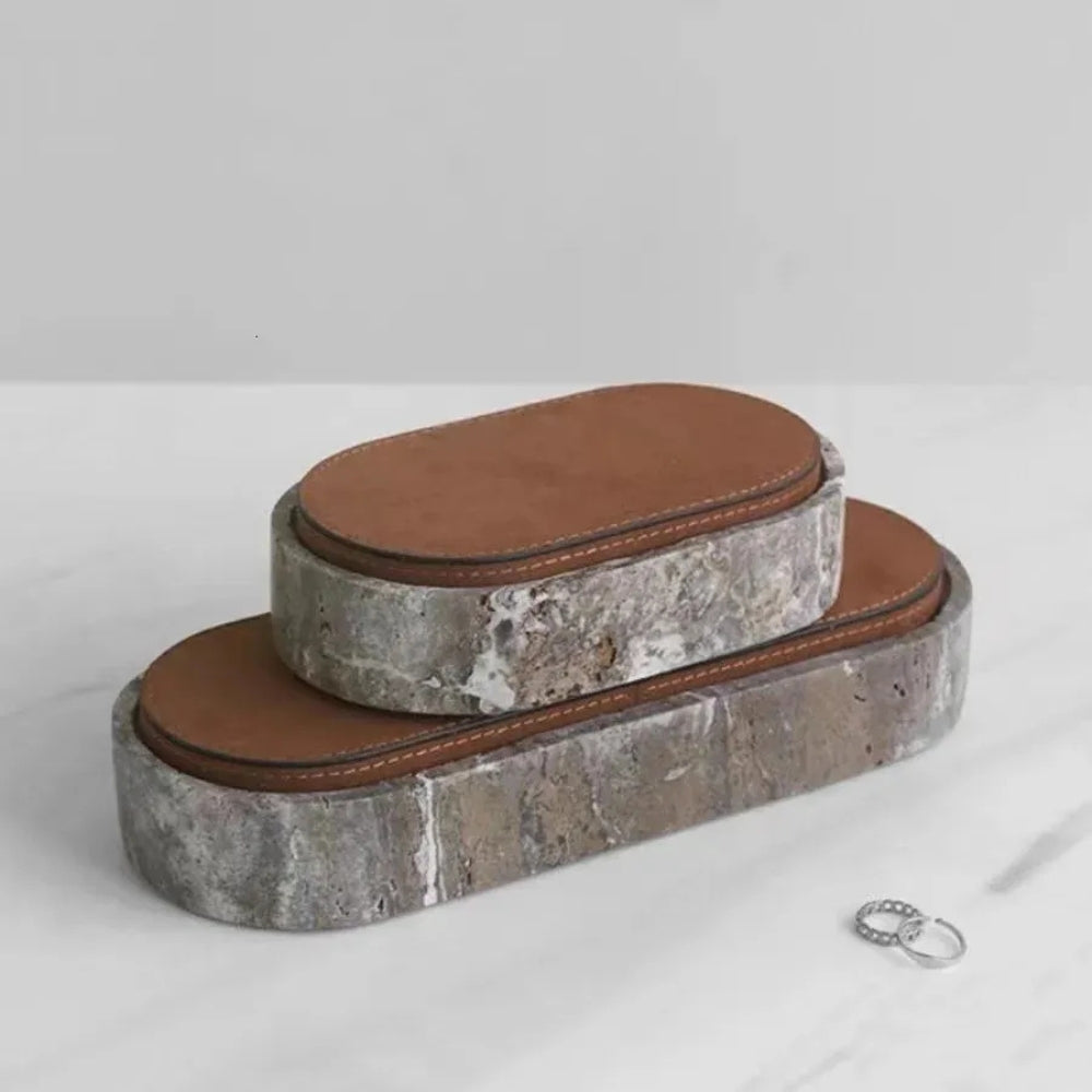 Travertine Jewelry Storage Box with PU Leather Lid