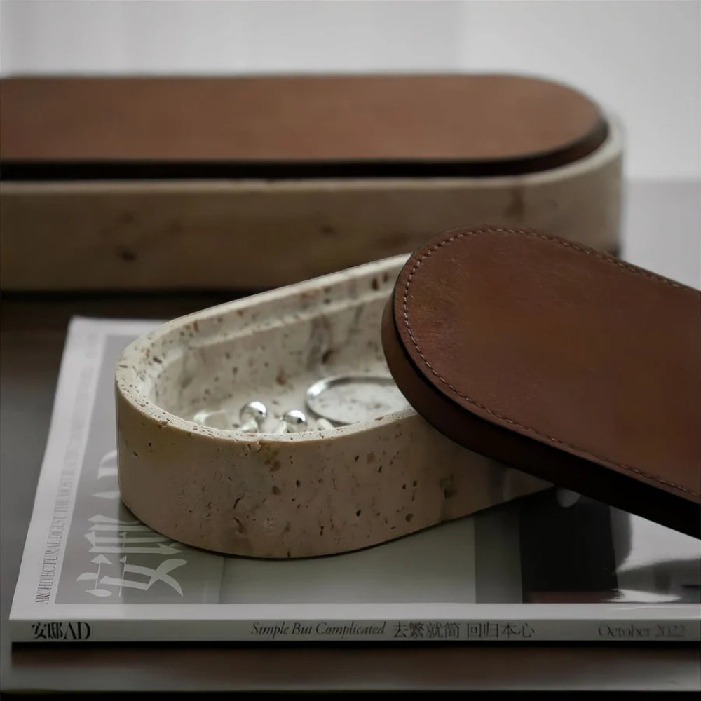 Travertine Jewelry Storage Box with PU Leather Lid