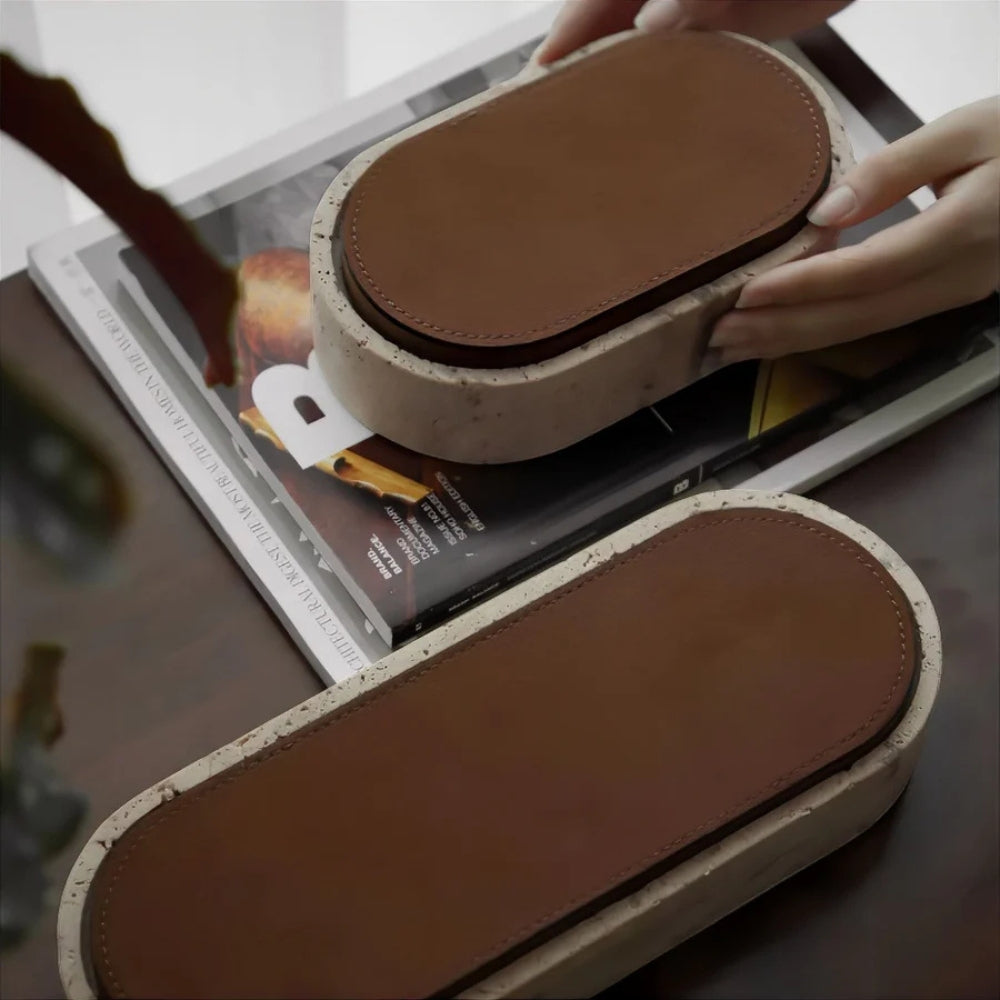 Travertine Jewelry Storage Box with PU Leather Lid