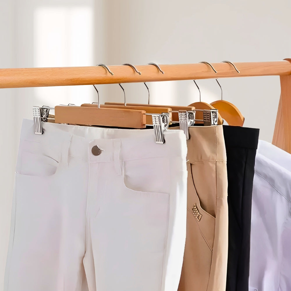 Premium Wooden Pants Hangers with Clips - 10 Pack