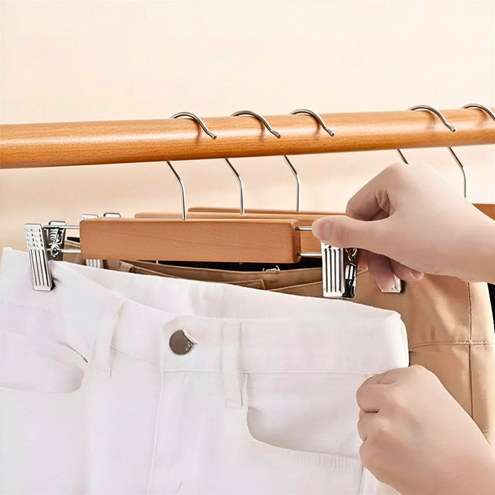 Premium Wooden Pants Hangers with Clips - 10 Pack