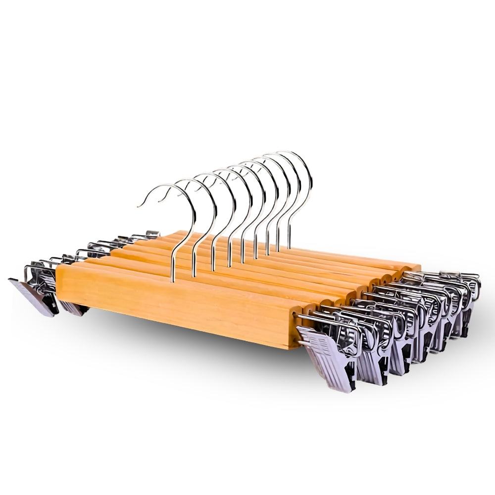 Premium Wooden Pants Hangers with Clips - 10 Pack