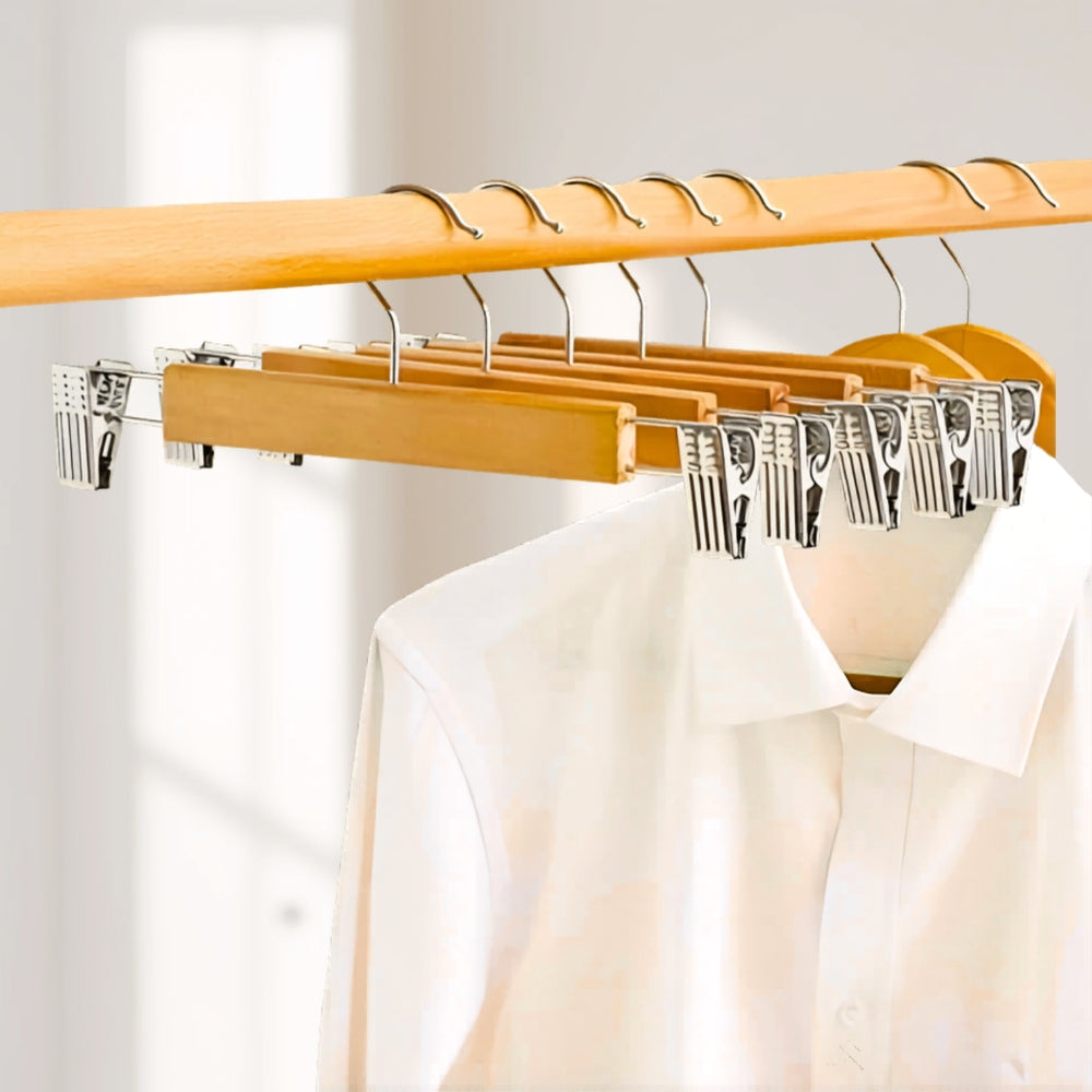 Premium Wooden Pants Hangers with Clips - 10 Pack
