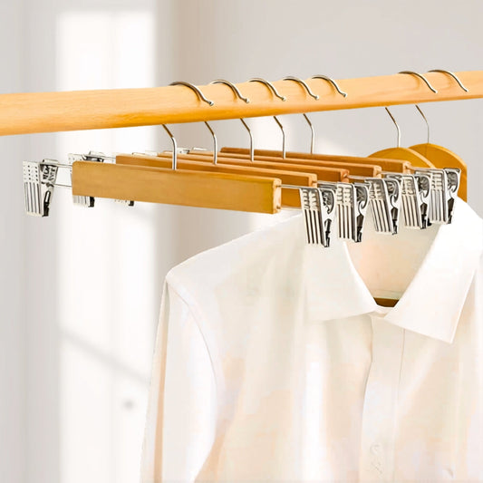 Premium Wooden Pants Hangers with Clips - 10 Pack