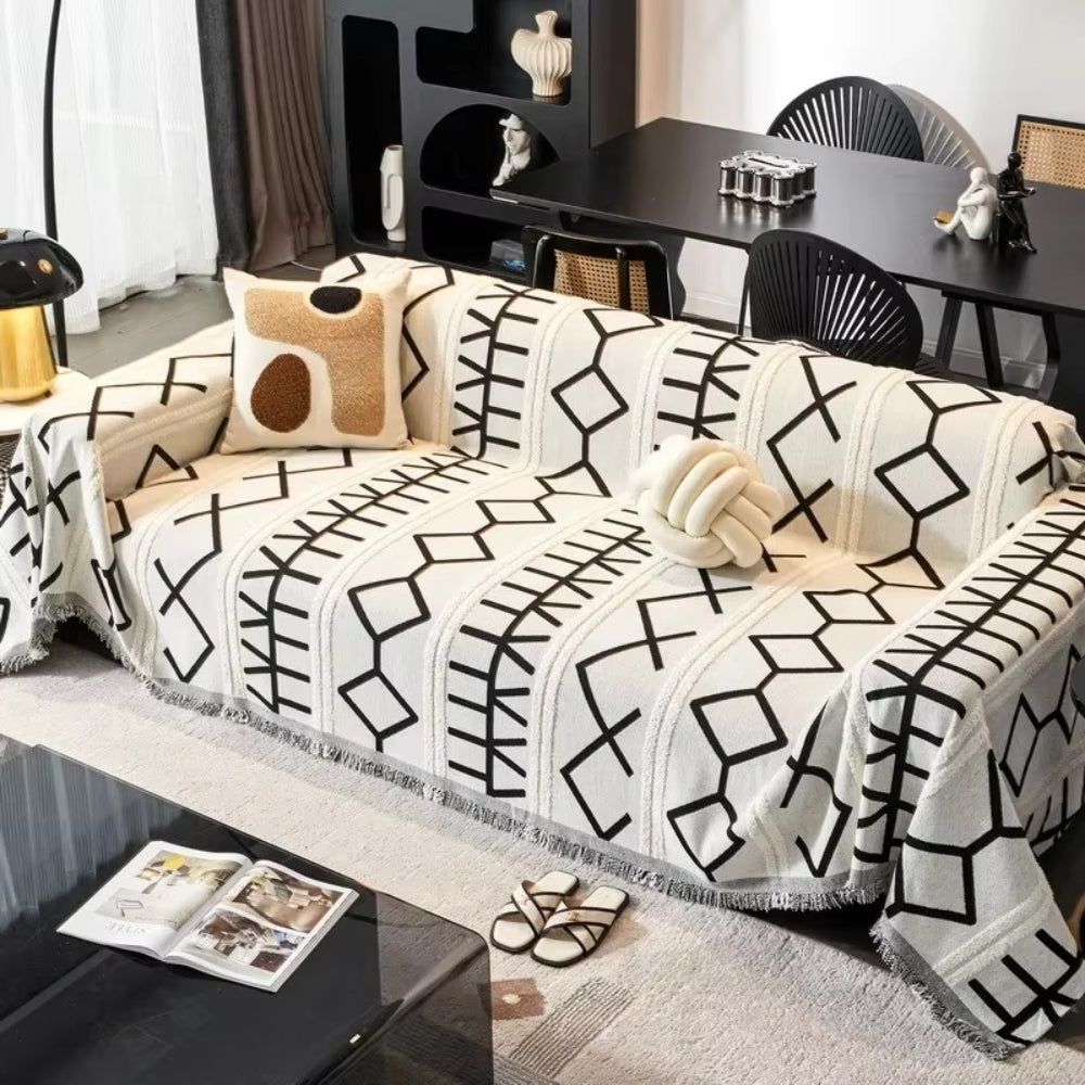 Reversible Boho Chenille Sofa Cover with Tassels