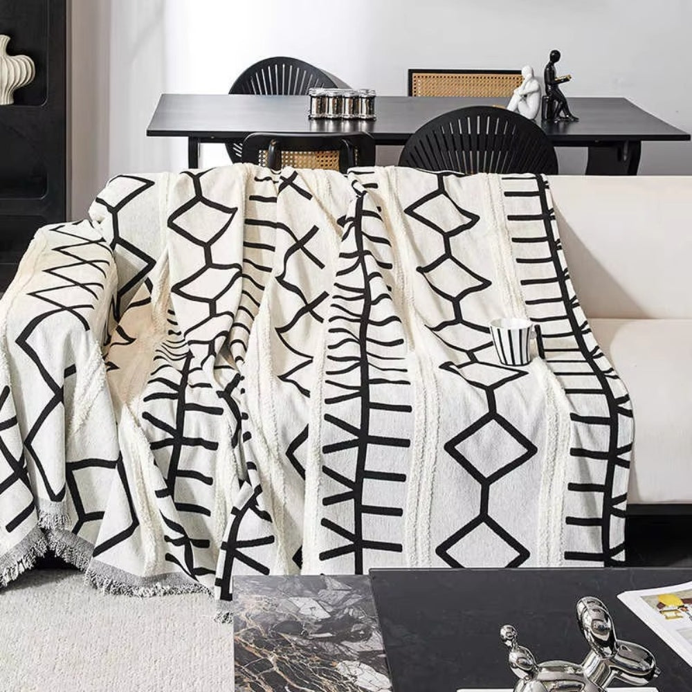 Reversible Boho Chenille Sofa Cover with Tassels