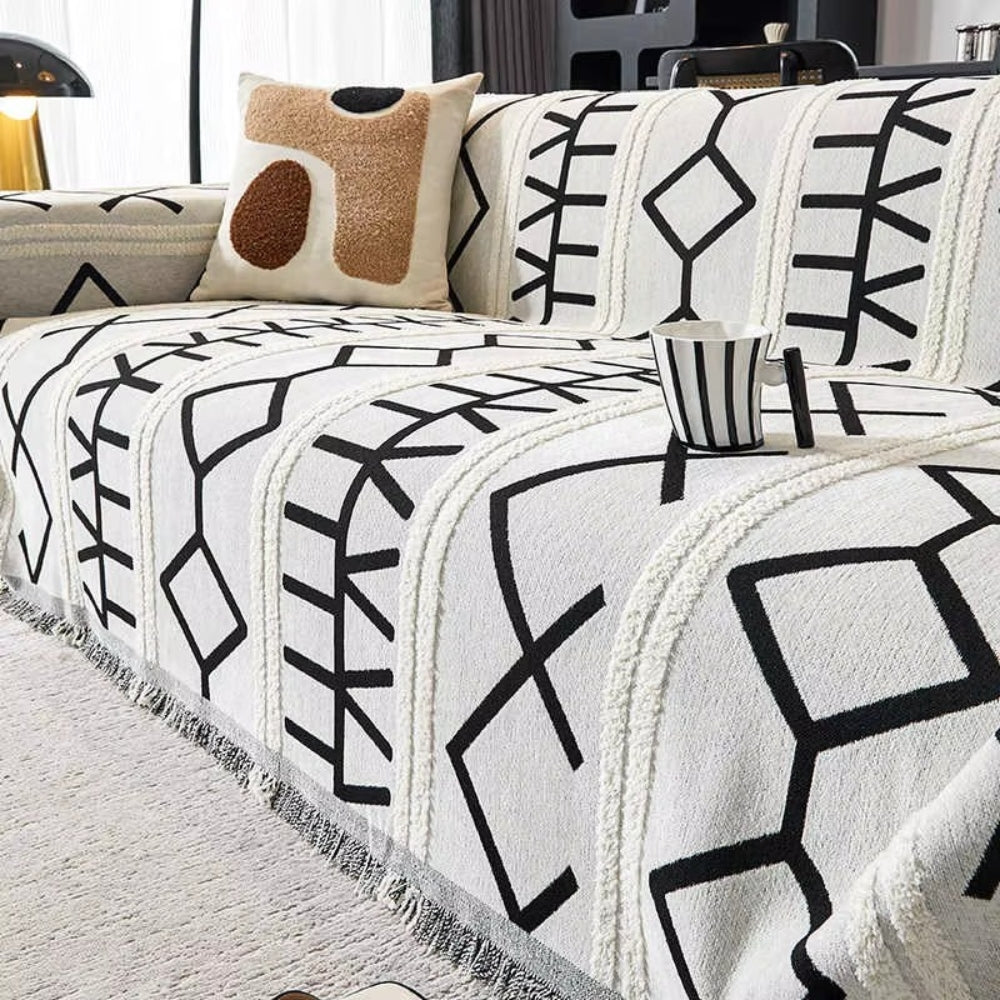 Reversible Boho Chenille Sofa Cover with Tassels
