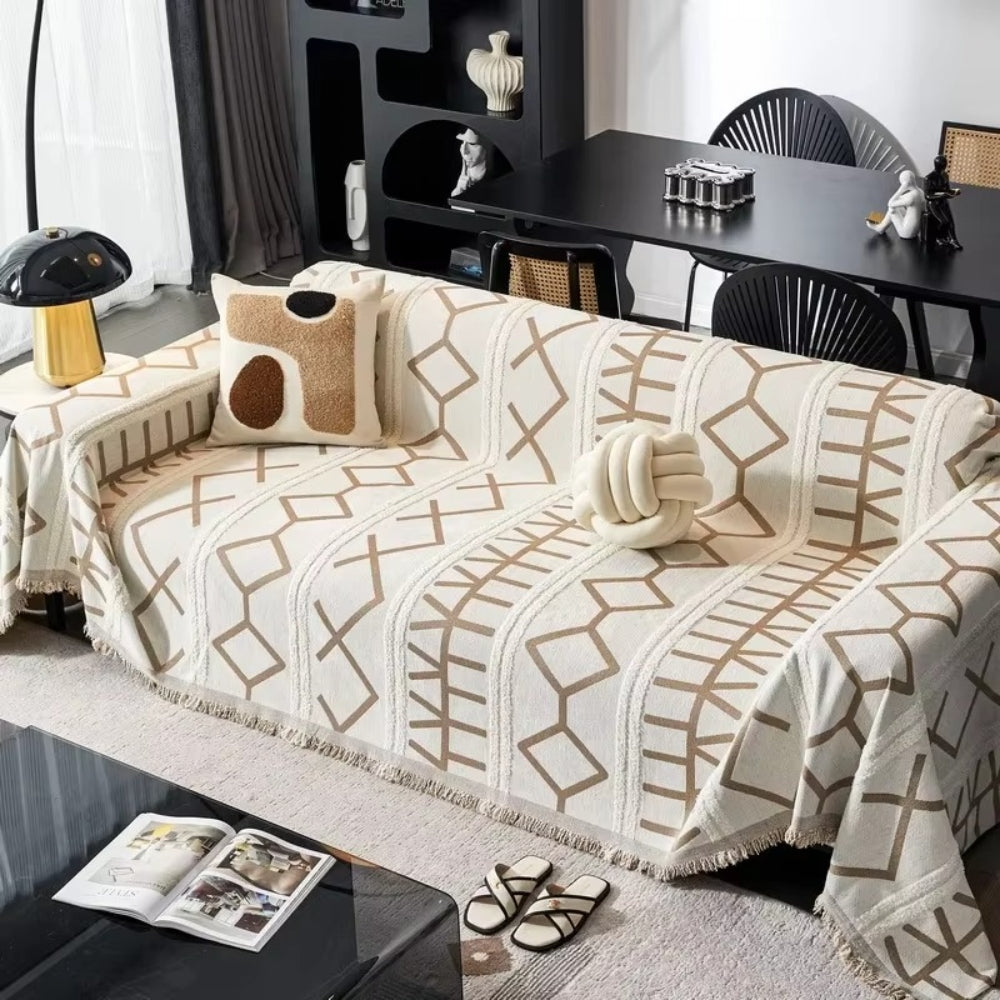 Reversible Boho Chenille Sofa Cover with Tassels