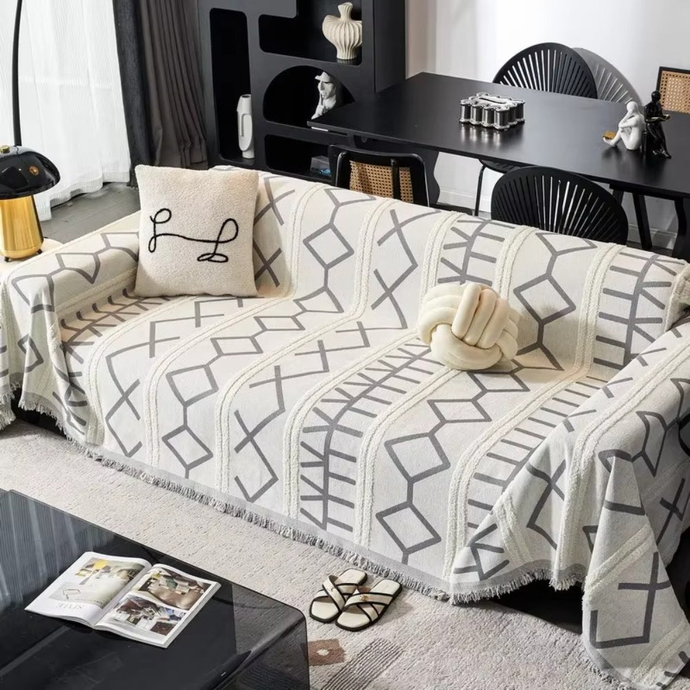 Reversible Boho Chenille Sofa Cover with Tassels