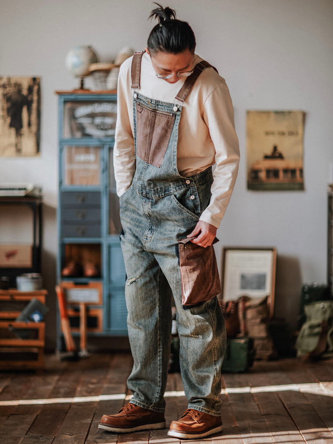 Men's Contrast Denim Overalls with Adjustable Straps