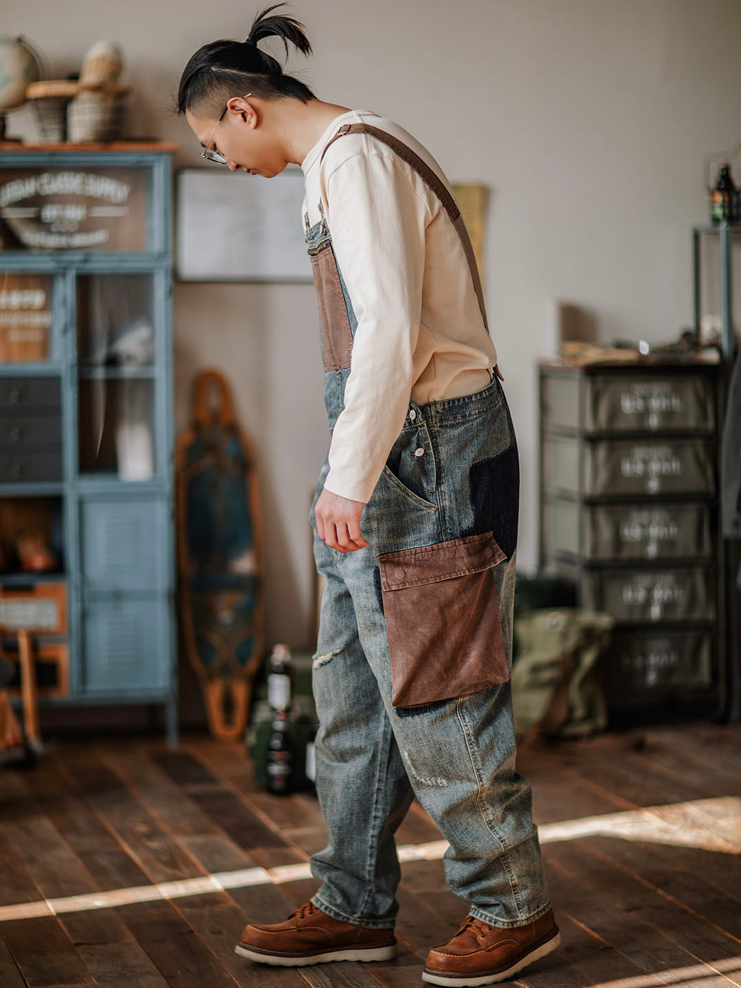 Men's Contrast Denim Overalls with Adjustable Straps
