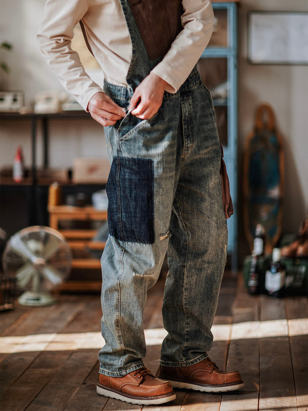 Men's Contrast Denim Overalls with Adjustable Straps