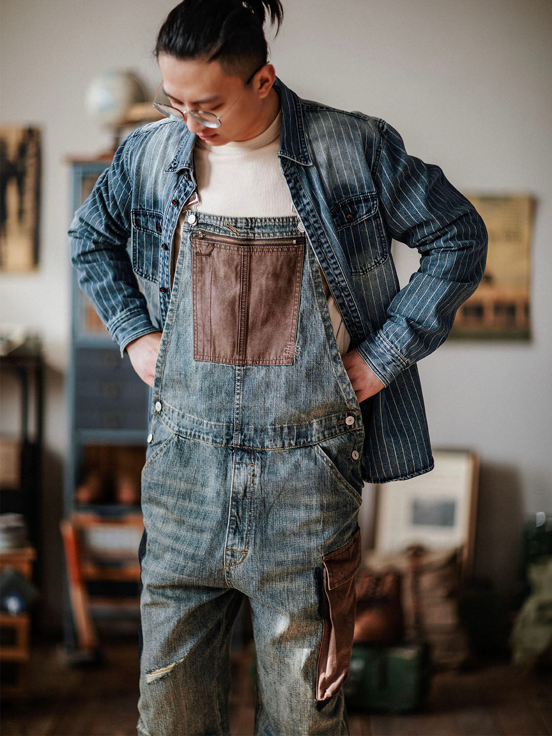 Men's Contrast Denim Overalls with Adjustable Straps