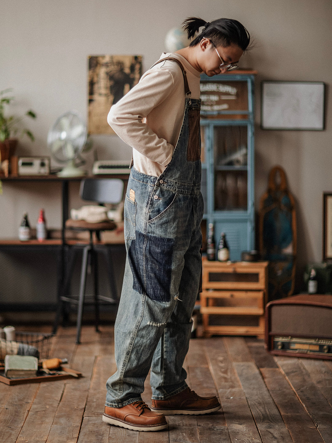 Men's Contrast Denim Overalls with Adjustable Straps