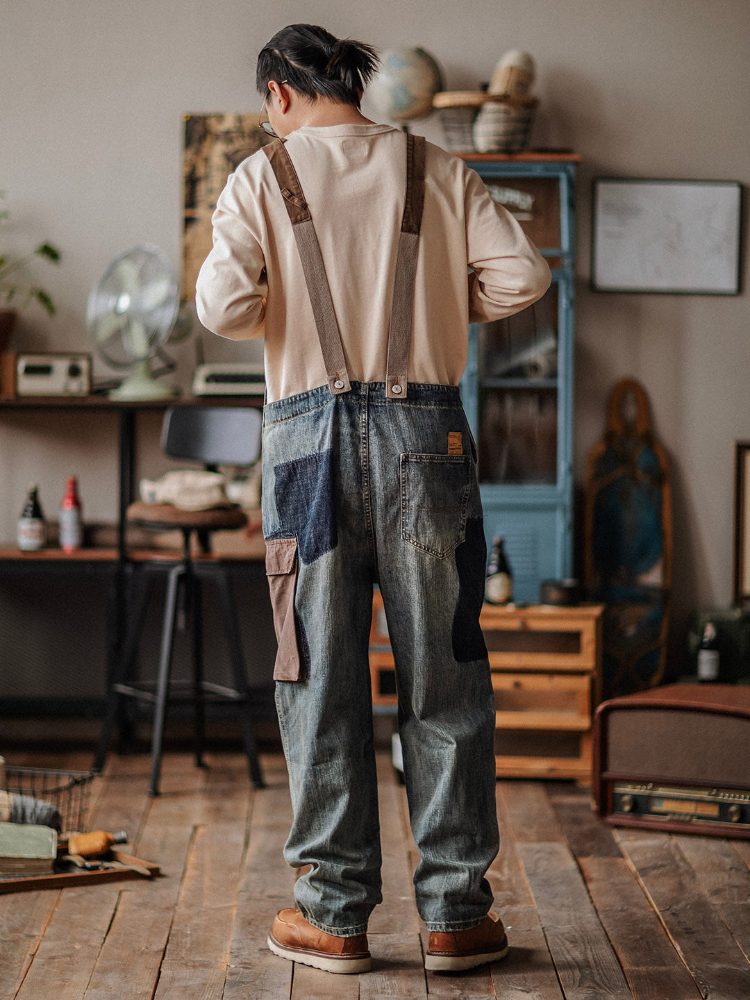Men's Contrast Denim Overalls with Adjustable Straps