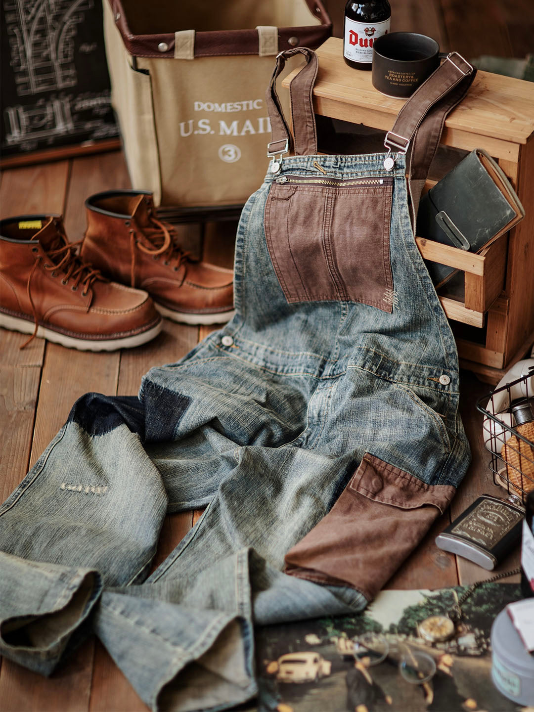 Men's Contrast Denim Overalls with Adjustable Straps