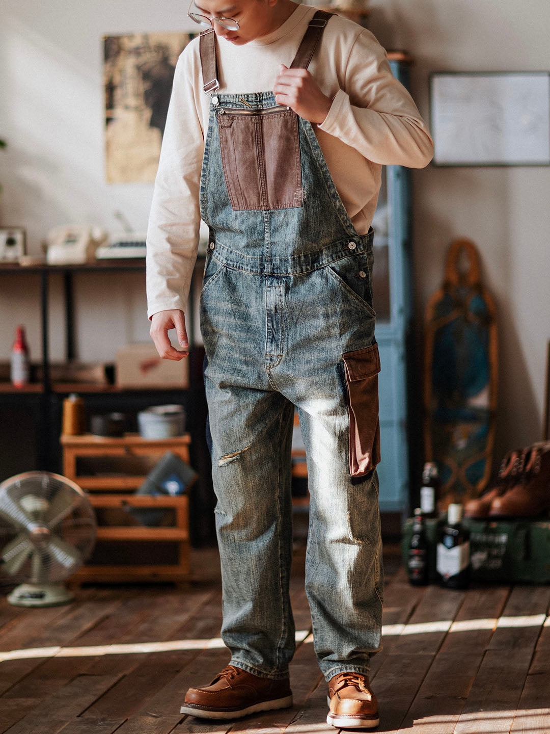 Men's Contrast Denim Overalls with Adjustable Straps