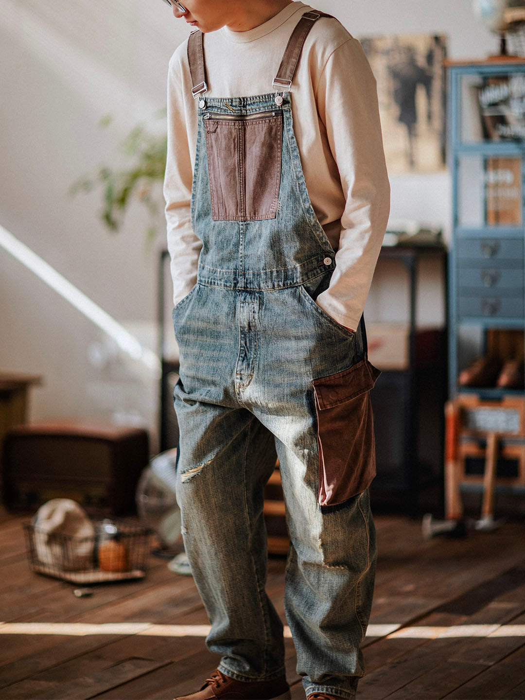 Men's Contrast Denim Overalls with Adjustable Straps