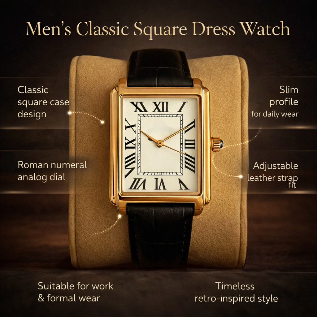 Men's Square Analog Dress Watch with Roman Numerals