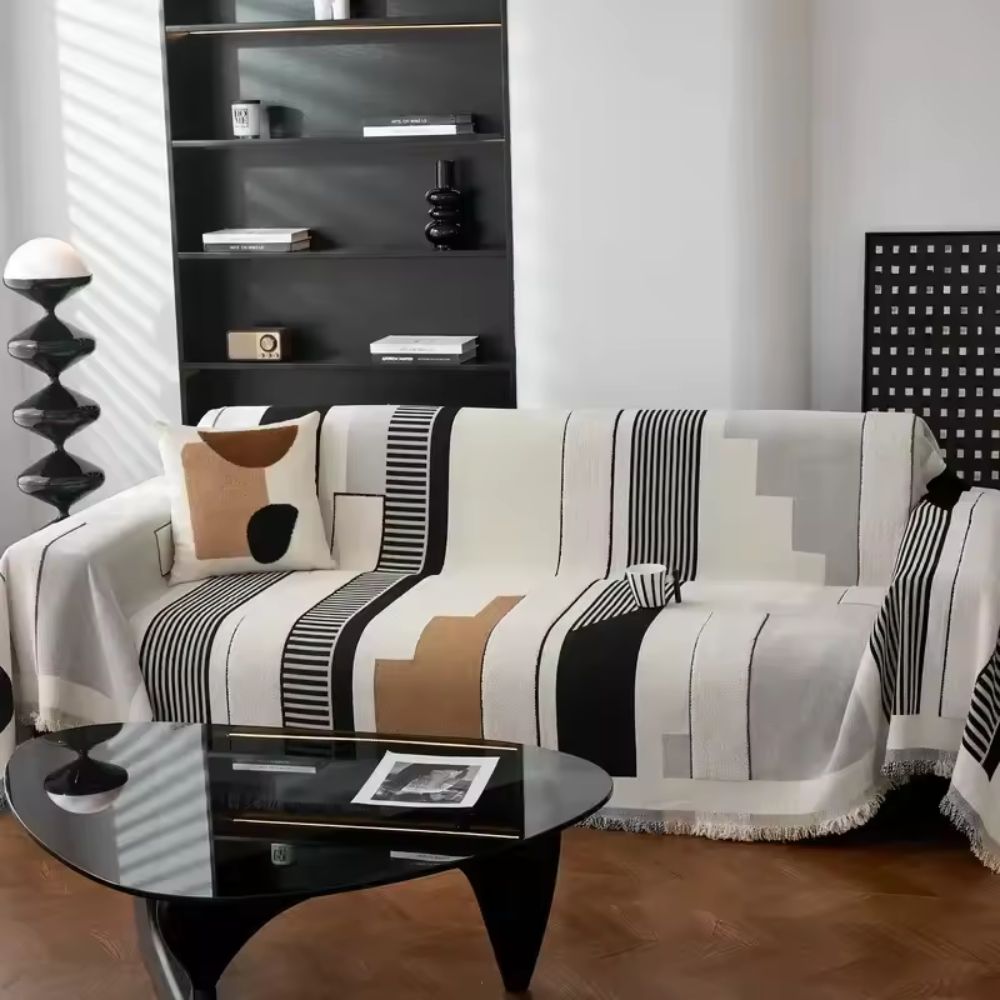 Chenille Sofa Cover with Abstract Geometric Design