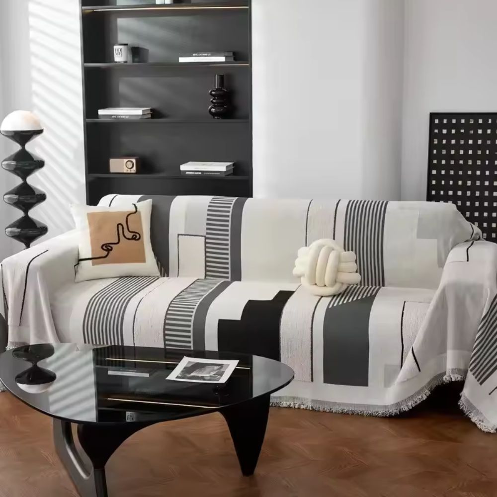 Chenille Sofa Cover with Abstract Geometric Design