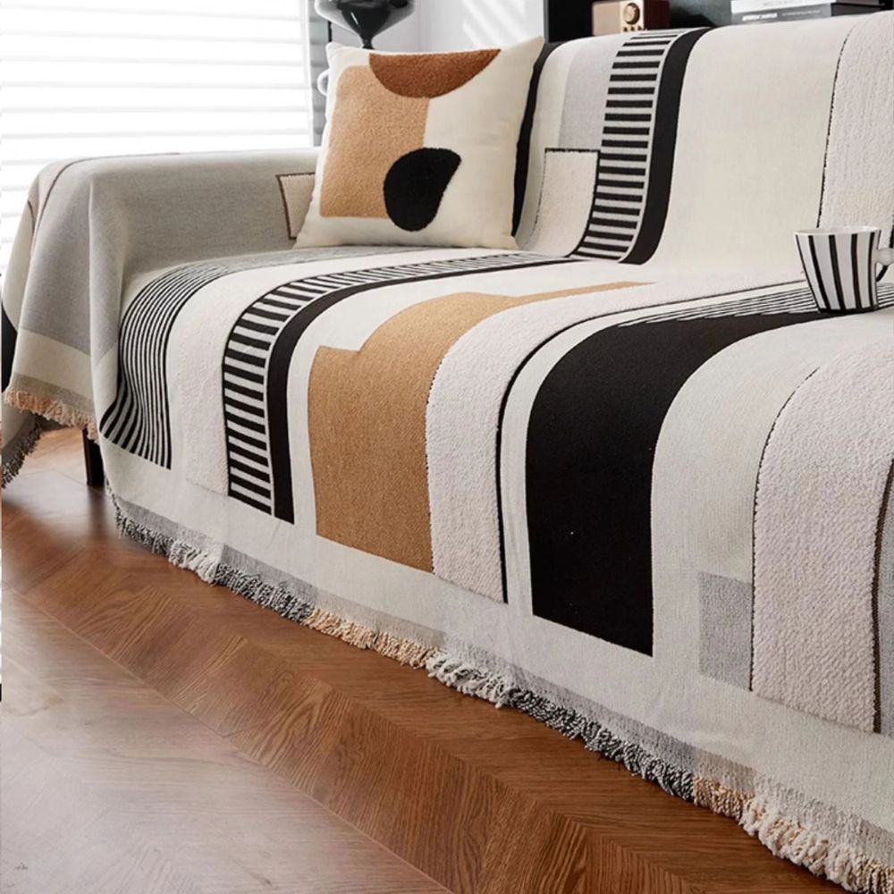 Chenille Sofa Cover with Abstract Geometric Design