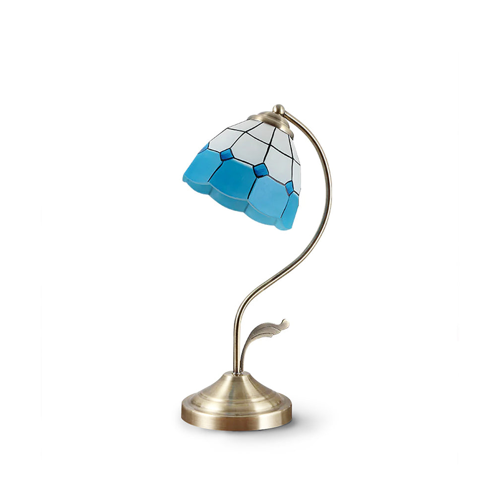 White and Blue Glass Floral Table Lamp with Gold Finish