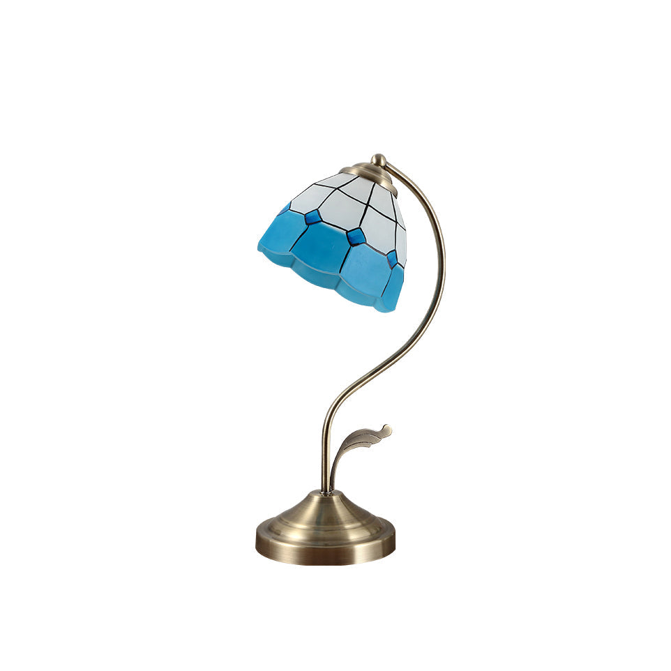 White and Blue Glass Floral Table Lamp with Gold Finish