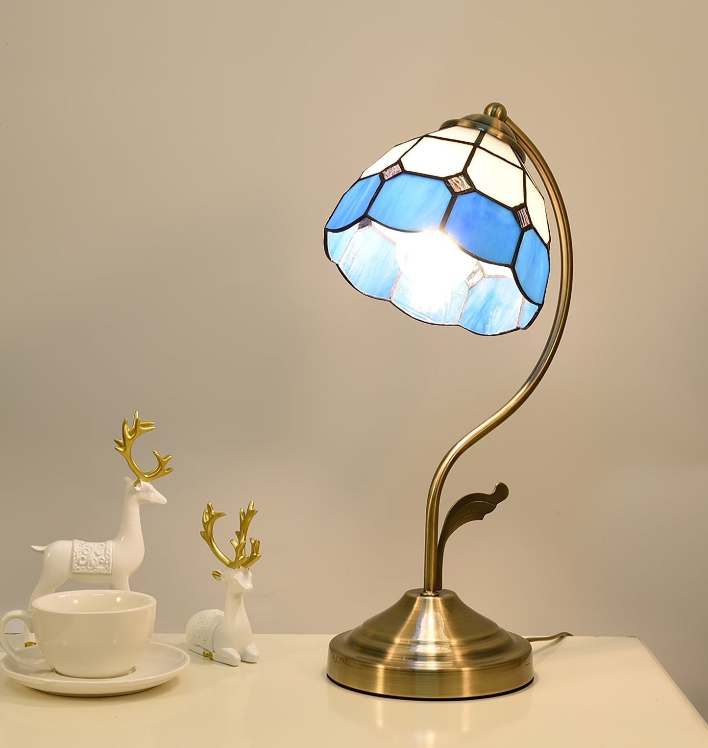 White and Blue Glass Floral Table Lamp with Gold Finish
