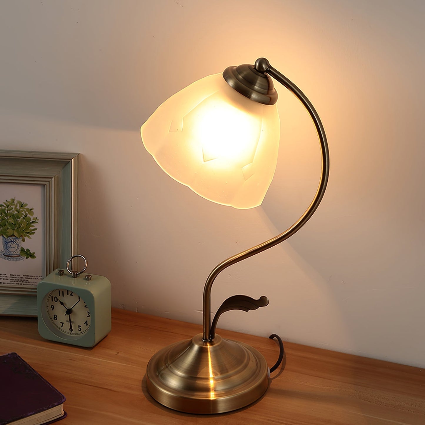 White and Blue Glass Floral Table Lamp with Gold Finish