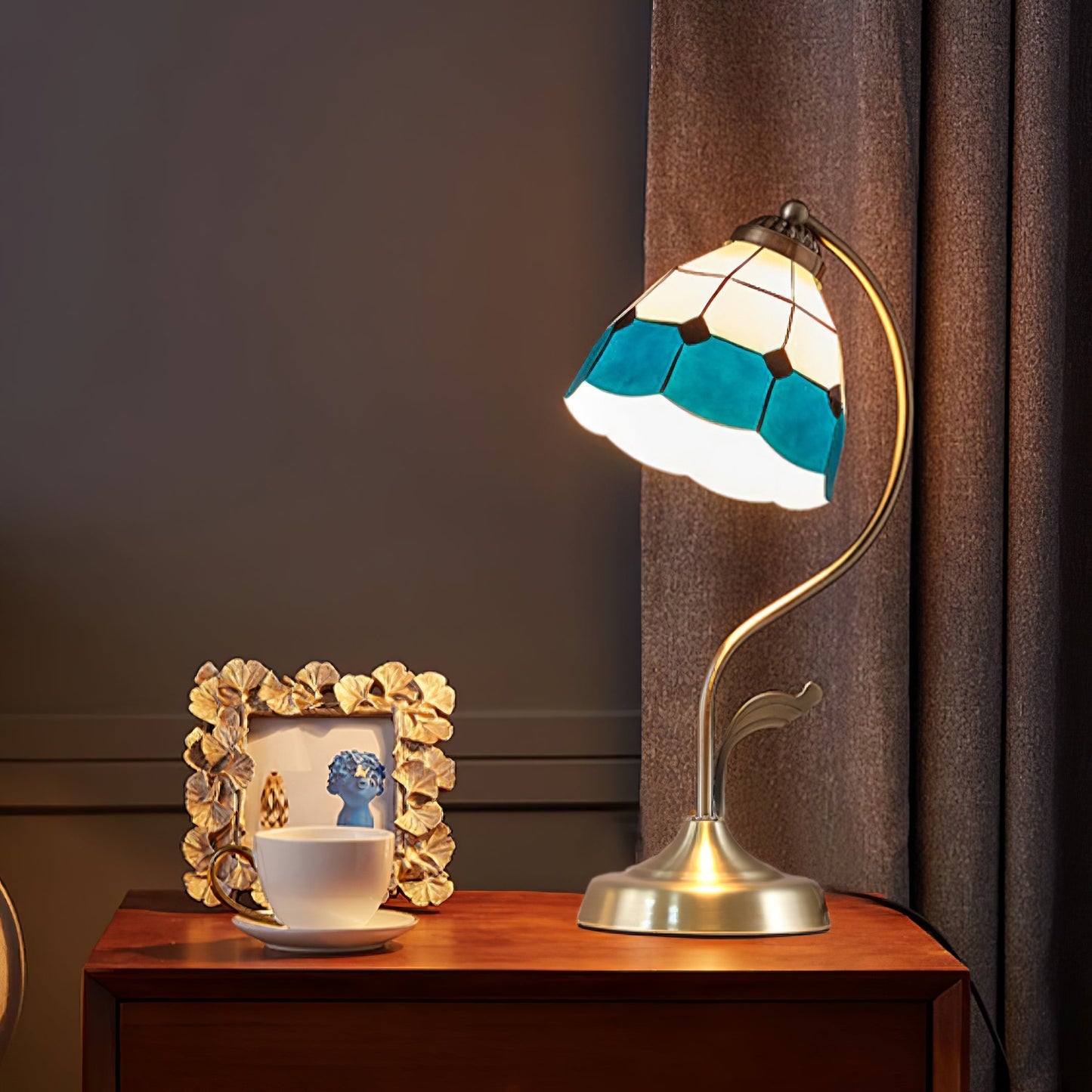 White and Blue Glass Floral Table Lamp with Gold Finish