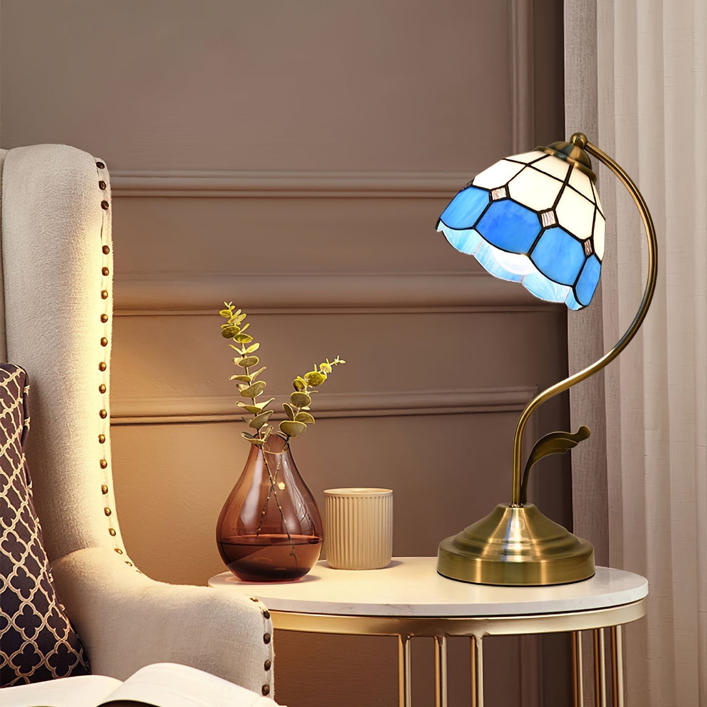 White and Blue Glass Floral Table Lamp with Gold Finish