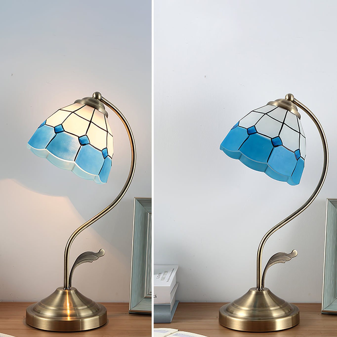 White and Blue Glass Floral Table Lamp with Gold Finish