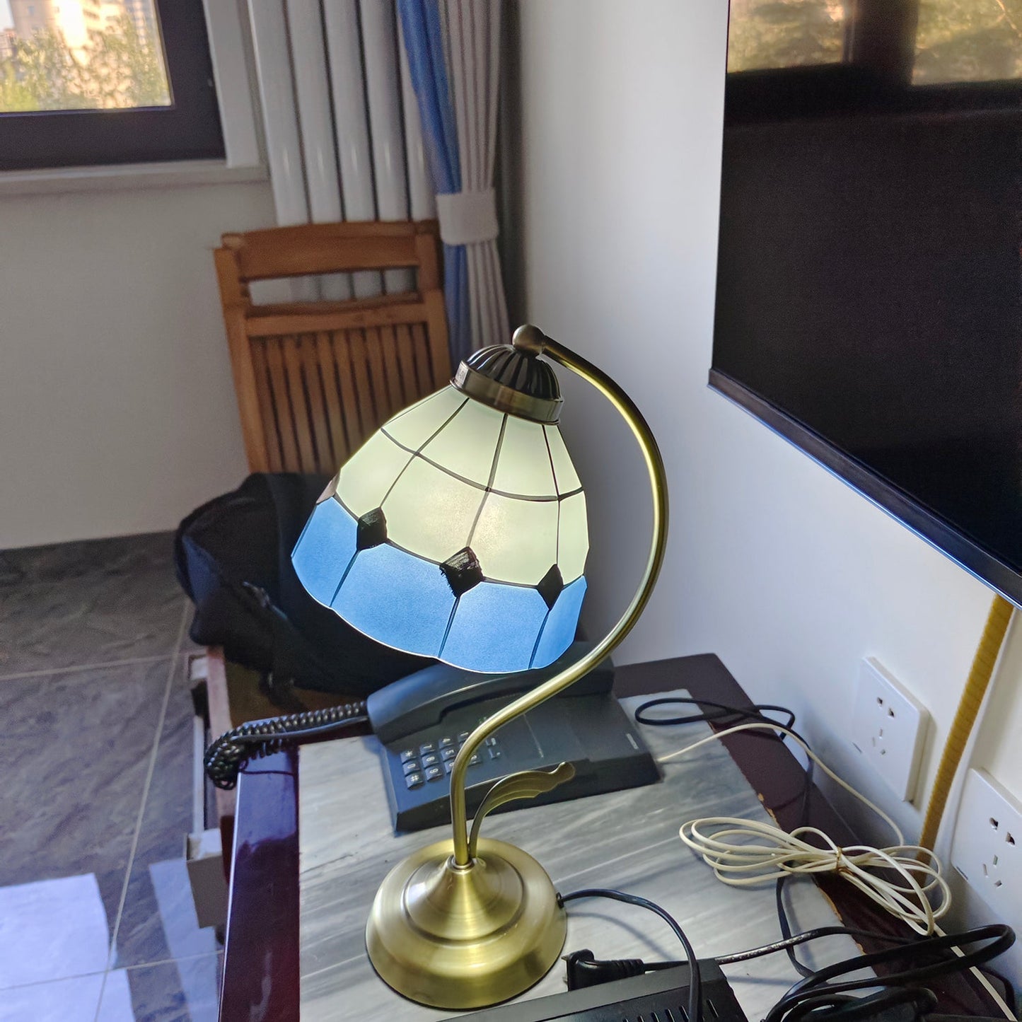 White and Blue Glass Floral Table Lamp with Gold Finish