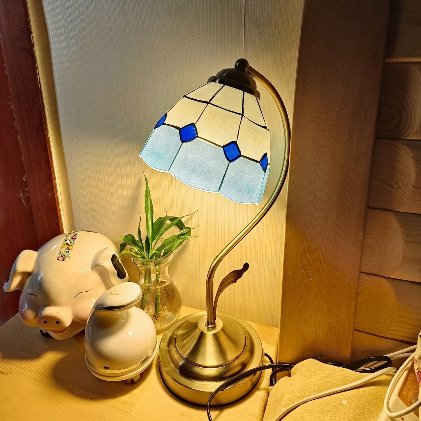 White and Blue Glass Floral Table Lamp with Gold Finish
