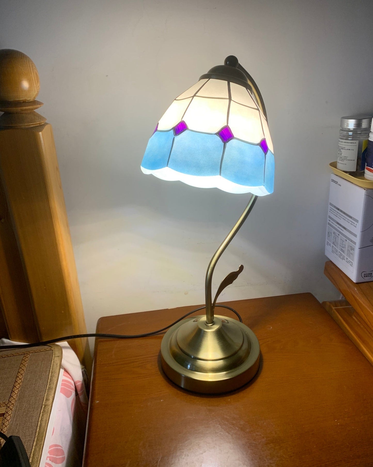 White and Blue Glass Floral Table Lamp with Gold Finish