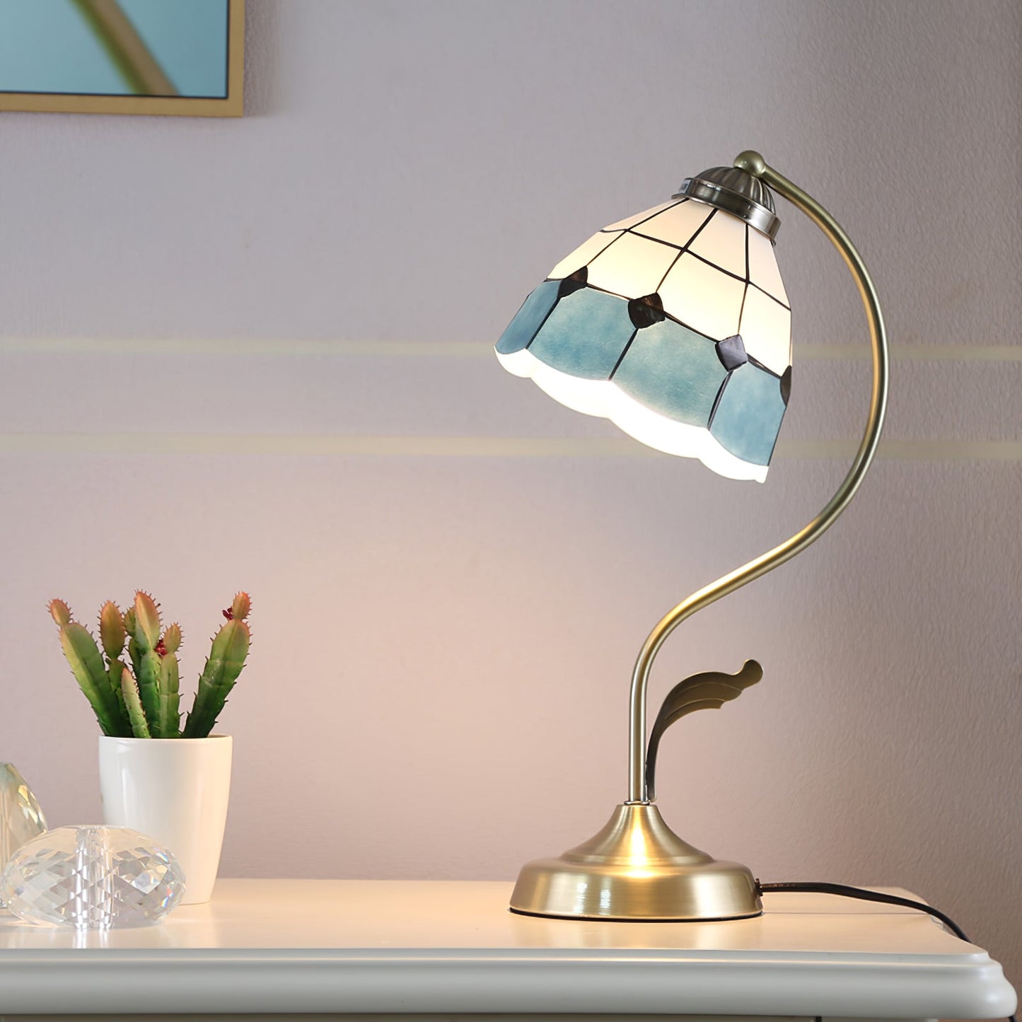 White and Blue Glass Floral Table Lamp with Gold Finish