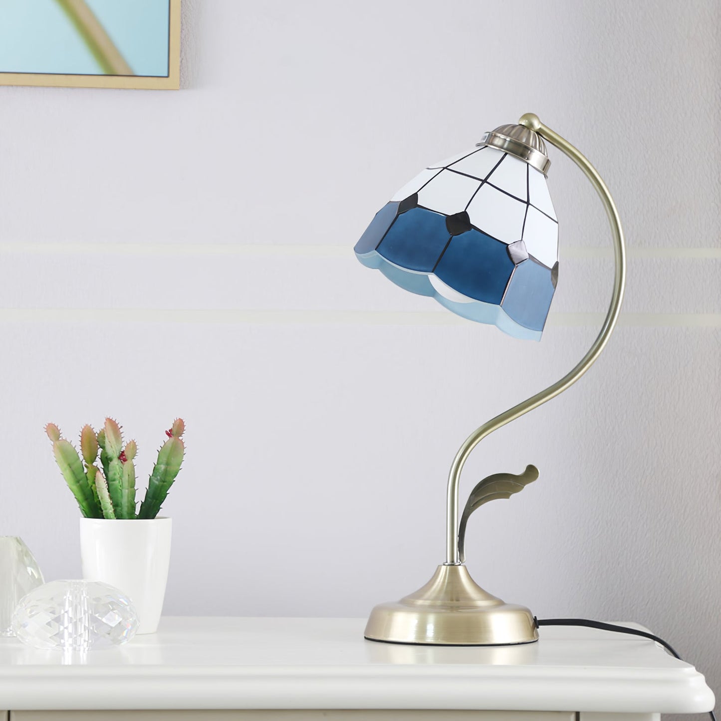 White and Blue Glass Floral Table Lamp with Gold Finish