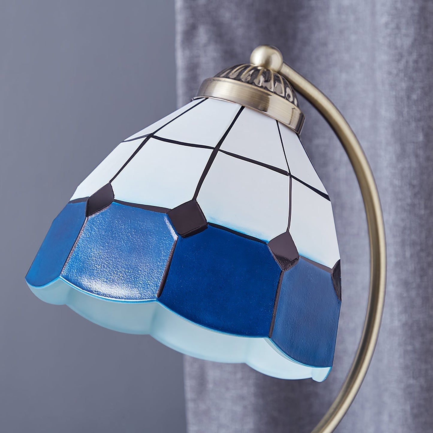 White and Blue Glass Floral Table Lamp with Gold Finish
