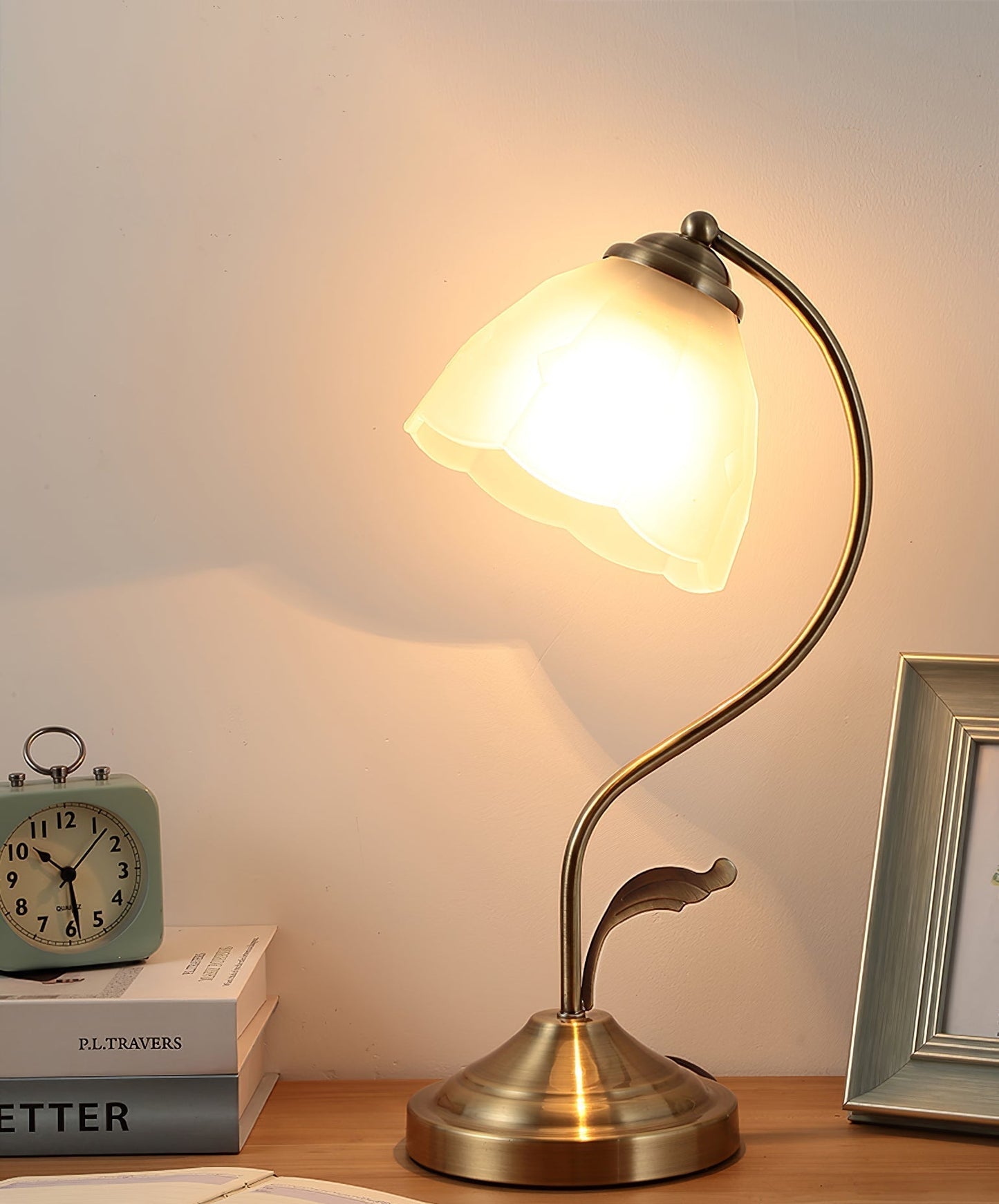 White and Blue Glass Floral Table Lamp with Gold Finish