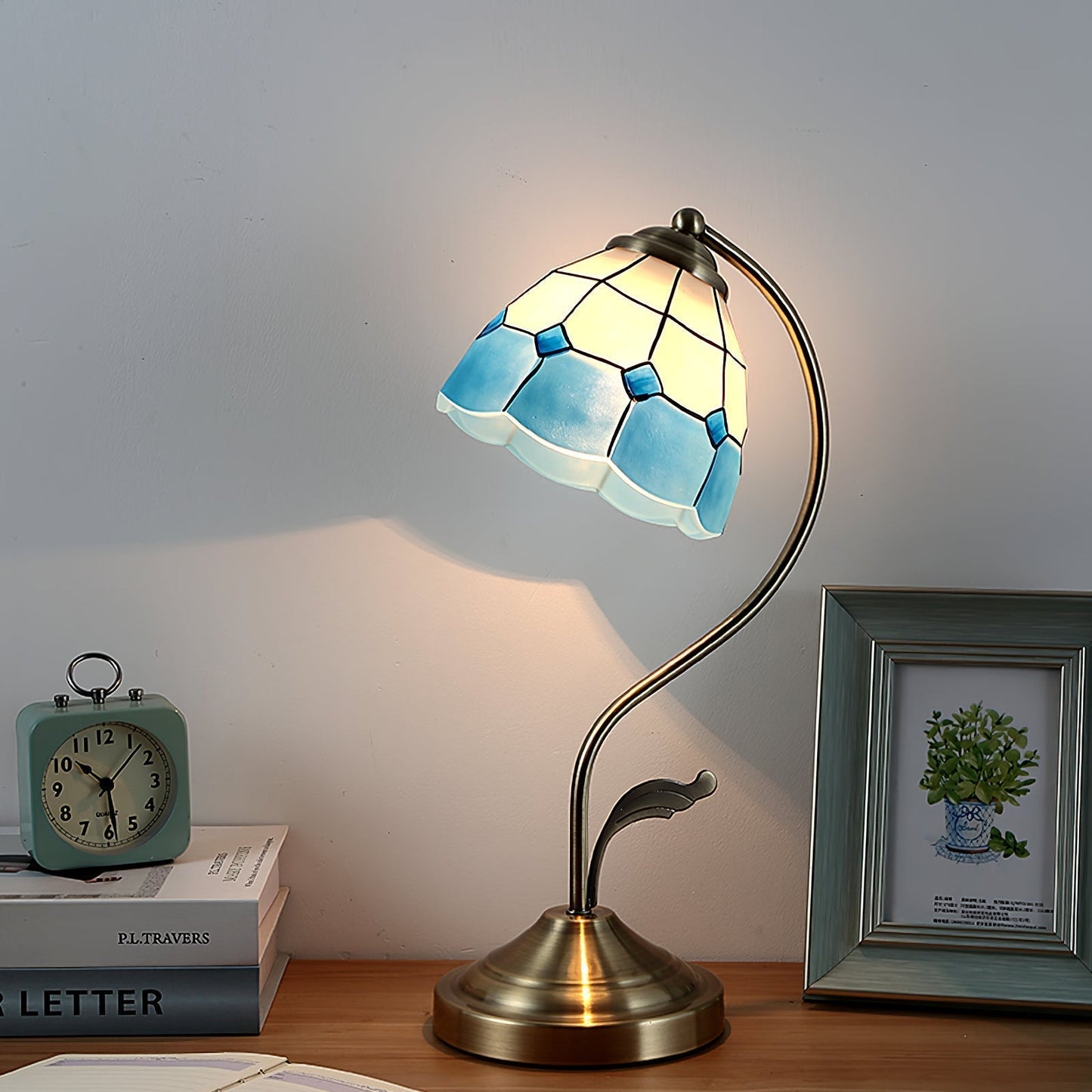 White and Blue Glass Floral Table Lamp with Gold Finish