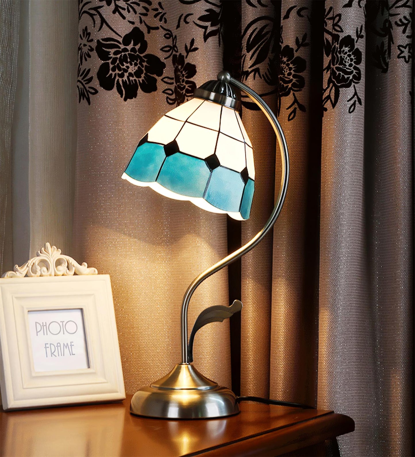 White and Blue Glass Floral Table Lamp with Gold Finish